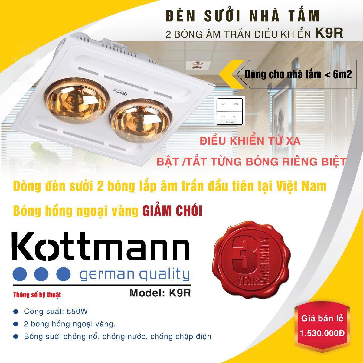Đèn sưởi nhà tắm Kottmann 2 bóng âm trần – K9-R