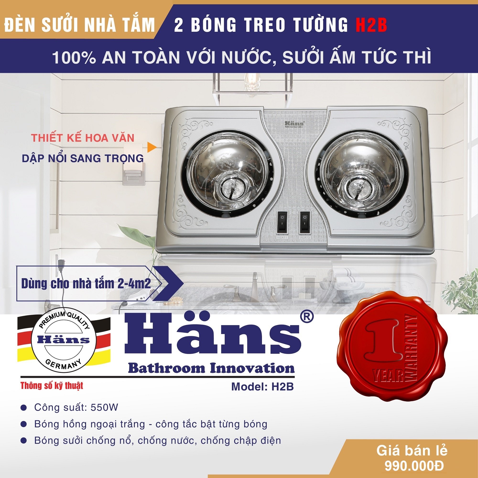 Đèn sưởi nhà tắm Hans 2 bóng H2B