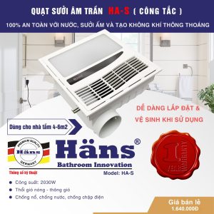 Quạt sưởi nhà tắm âm trần Hans HA-S (điều khiển cơ)