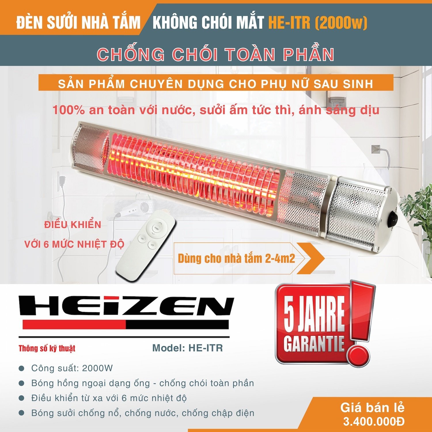 Đèn sưởi nhà tắm Heizen HEIT-R (điều khiển từ xa)