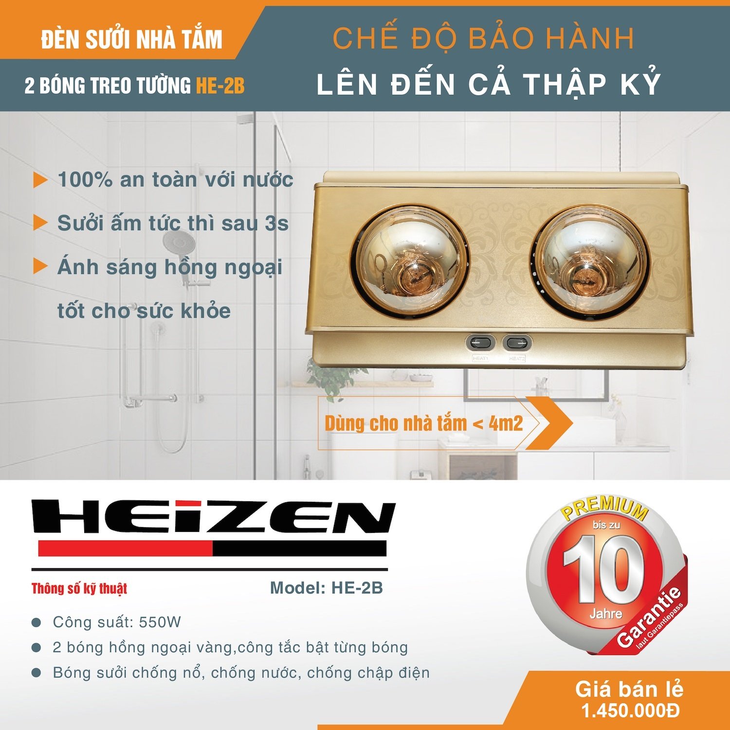 Đèn sưởi nhà tắm Heizen HE-2B