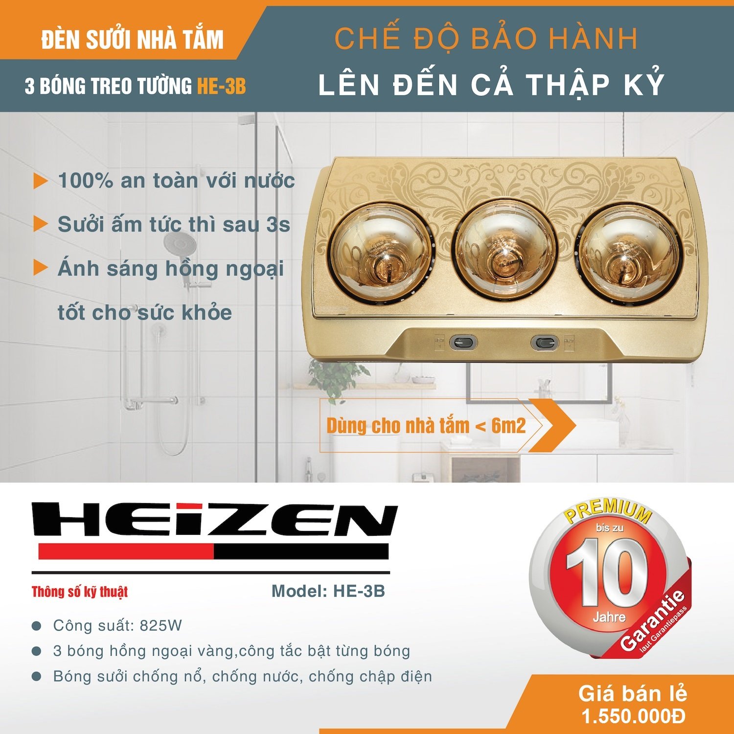 Đèn sưởi nhà tắm Heizen HE-3B