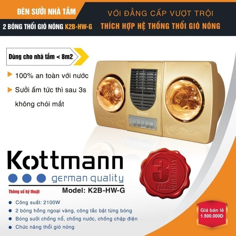 Đèn sưởi nhà tắm Kottmann 2 bóng có quạt K2B-HW-G