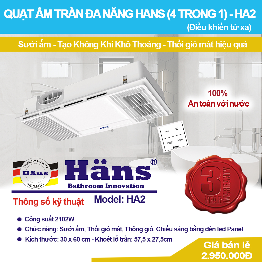 Quạt Âm Trần Đa Năng Hans – HA2 (4 trong 1)