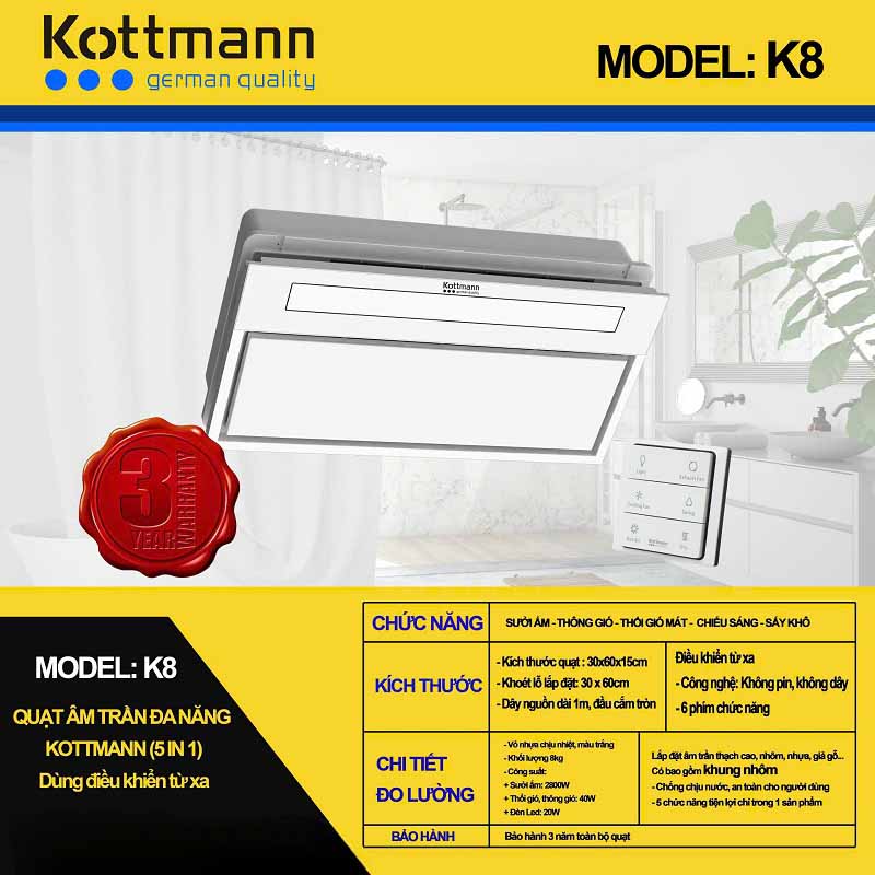 Quạt sưởi đa năng âm trần Kottmann K8 (5 trong 1)
